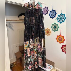Johnny Was Multicolor Floral Patchwork Silk Boho Dress with Black Lace
